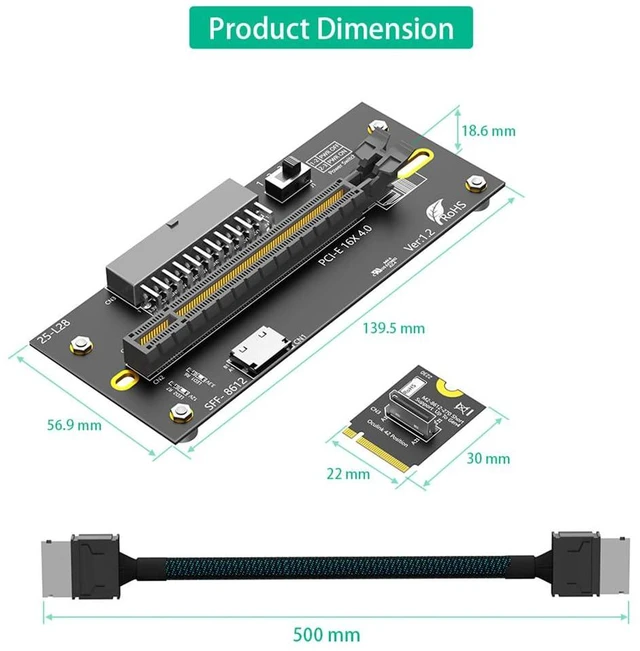 Alt view image 5 of 7 - PCI-E 4.0 16X to M.2 Mkey Extension Card 32Gbps with Oculink SFF-8612 Extension Cable Compatible with M.2 NVMe SSD External Graphics Card (24PIN with 2230 Card)
