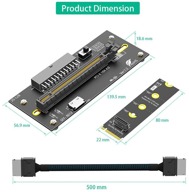 Alt view image 3 of 7 - PCI-E 4.0 16X to M.2 Mkey Extension Card 32Gbps with Oculink SFF-8612 Extension Cable Compatible with M.2 NVMe SSD External Graphics Card (24PIN with 2280 Card)