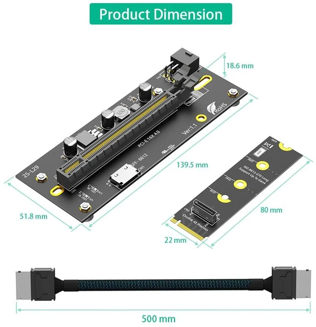 Alt view image 3 of 7 - PCI-E 4.0 16X to M.2 Mkey Extension Card 32Gbps with Oculink SFF-8612 Extension Cable Compatible with M.2 NVMe SSD External Graphics Card (6PIN with 2280 Card)