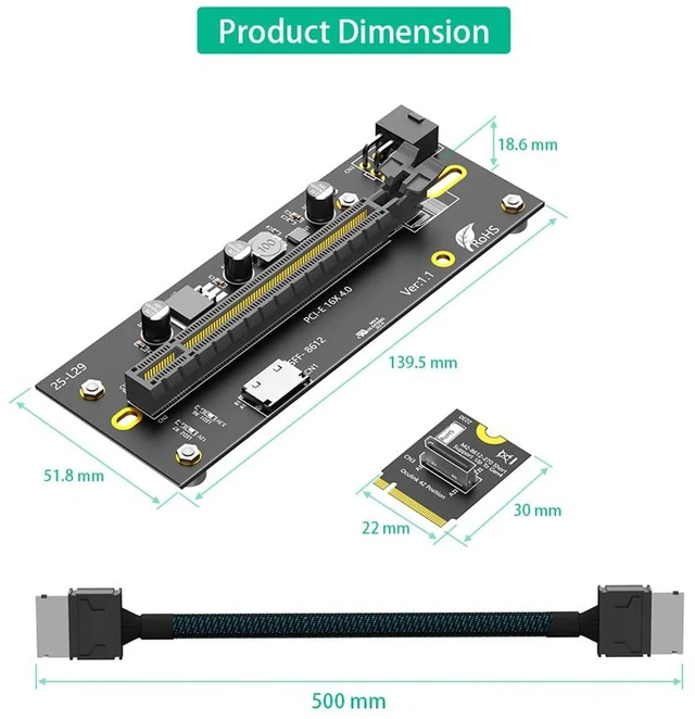 Alt view image 5 of 7 - PCI-E 4.0 16X to M.2 Mkey Extension Card 32Gbps with Oculink SFF-8612 Extension Cable Compatible with M.2 NVMe SSD External Graphics Card (6PIN with 2230 Card)