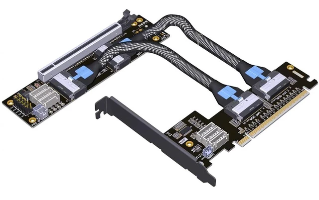 Main image of ADT-F36B-F37B PCI-e 4.0 X16 to X16 MCIO Bifurcation Adapter Riser Card 256G/bps Split Extender with Power Cable (50cm)