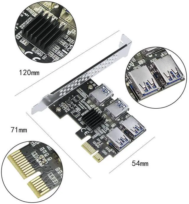 Alt view image 7 of 7 - JMT PCI-E 1x to 16x Riser Card PCI-Express 1 to 4 Slot PCIe USB3.0 Adapter Port Multiplier Miner Card for BTC Bitcoin Miner Mining (No Cable)