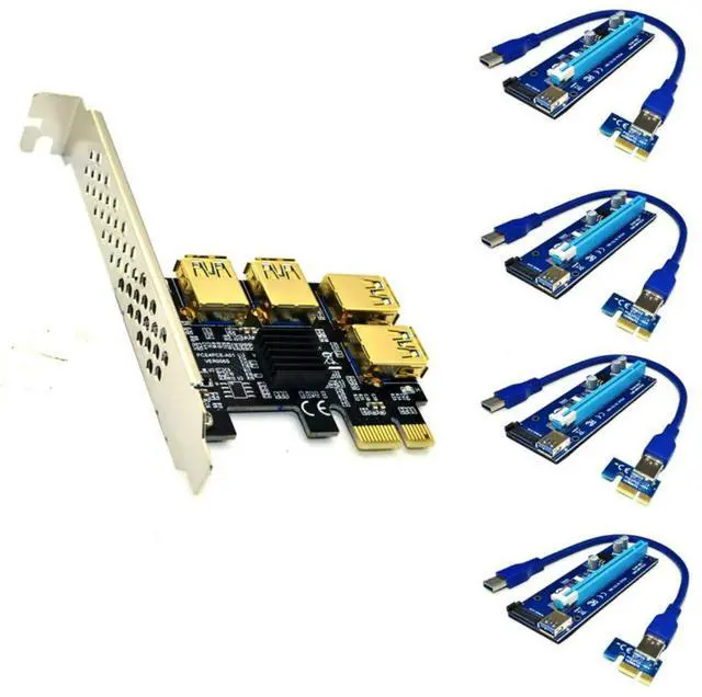 Main image of JMT PCI-E 1x to 16x Riser Card PCI-Express 1 to 4 Slot PCIe USB3.0 Adapter Port Multiplier Miner Card for BTC Bitcoin Miner Mining (4*sata Cables)