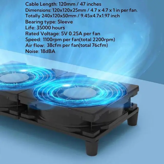 Alt view image 2 of 7 - 5V Quiet Dual USB Cooling Fan 120mm x 2 with 1200mm Cable,76CFM Airflow Cooling for Router, Computer, Mac Mini, PlayStation, Rack DIY Audio Video Network Cabinet Server Cooling Project