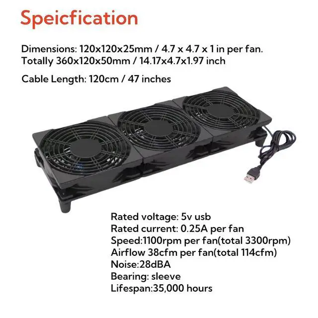 Alt view image 4 of 7 - 5V Quiet USB Cooling Fan 120mm x 3 with 1200mm Cable,114CFM Big Airflow Cooling for Router, Computer, Mac Mini, PlayStation, Rack DIY Audio Video Network Cabinet Server Cooling Project