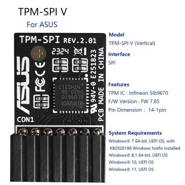 Alt view image 4 of 4 - TPM 2.0 Module SPI Vertical 14-1 Pin, TPM 2.0 Encryption Security Module for ASUS Motherboard Compatible with Win11