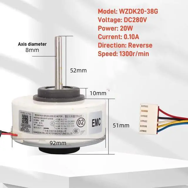Alt view image 2 of 6 - Air Conditioner Indoor Motor WZDK20-38G (ZKFP-20-8-6) 20W DC Brushless Fan Motor Replacement for Home air Conditioner