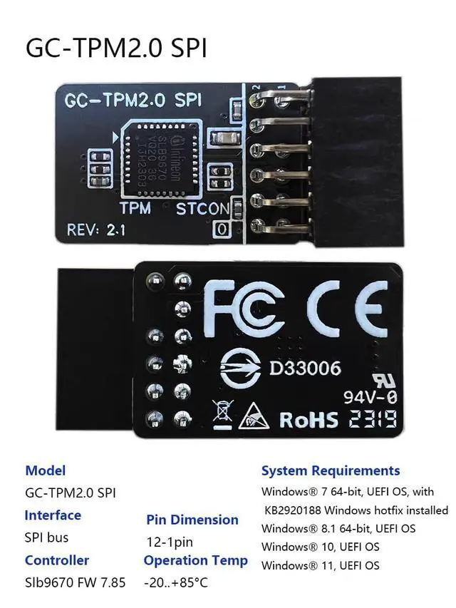 Alt view image 3 of 3 - TPM-SPI Module with 12-1Pin, TPM 2.0 Encryption Security Module for Gigabyte Motherboard