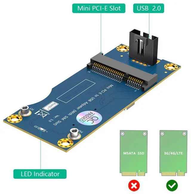Alt view image 2 of 7 - Mini PCI-E to USB 2.0 Adapter with SIM Card Slot for WWAN/LTE Module Support SIM 6pin/8pin Card Connector (Vertical USB)