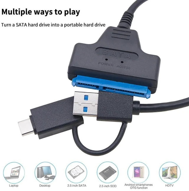 Alt view image 3 of 5 - 22pin SATA to USB3.0 Adapter Cable USB-C+USB-A Dual Port for 2.5 inch Laptop Hard Drive