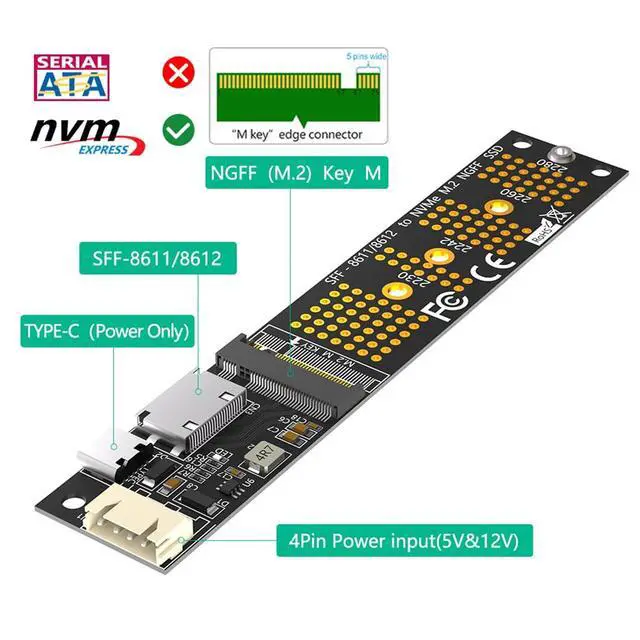Alt view image 2 of 7 - M.2 NVME M Key SSD to SFF-8611/8612 Extension Cable SATA to 4Pin Power Cable USB-C Power Card for 2230 2242 2260 2280