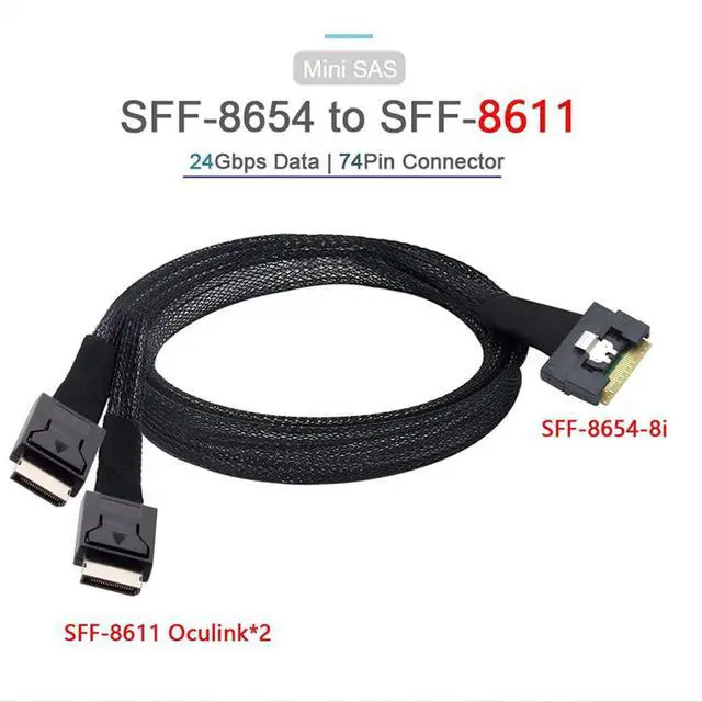 Alt view image 3 of 6 - PCIE Slimline SAS SFF-8654 8i to Dual SFF-8611 4i Server Cable Date 74Pin Connector 24Gbps Compatible with OCulink Anti Oblique Insertion (50cm)
