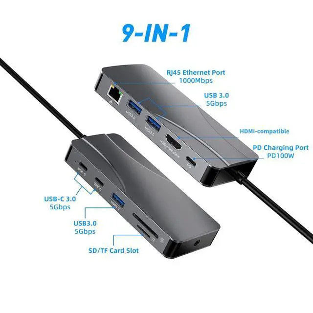 Alt view image 5 of 7 - 11in1 USB C to 4K60Hz HDMI-Compatible Adapter 1000Mbps RJ45 Ethernet HUB PD100W SD/TF Card Reader
