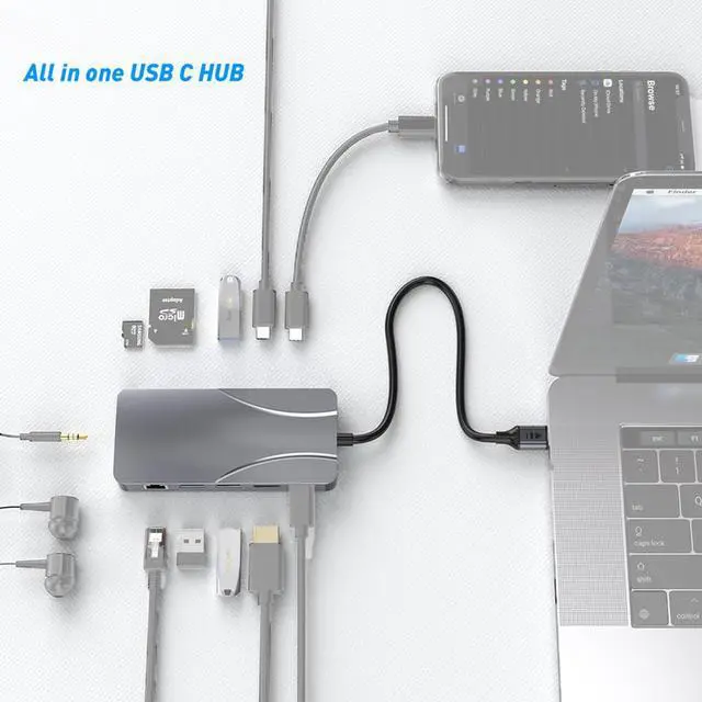Alt view image 7 of 7 - 11in1 USB C to 4K60Hz HDMI-Compatible Adapter 1000Mbps RJ45 Ethernet HUB PD100W SD/TF Card Reader