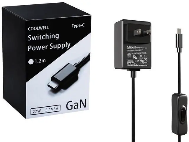 Main image of for Raspberry Pi 5 Power Supply 27W USB-C PD Power Supply Output 5.1V/5A, 9V/3A, 12V/2.25A, 15V/1.8A GaN PD 5A 27W with ON/Off Switch ETL Listed