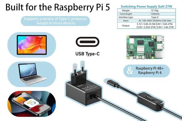 Alt view image 2 of 6 - for Raspberry Pi 5 Power Supply 27W USB-C PD Power Supply Output 5.1V/5A, 9V/3A, 12V/2.25A, 15V/1.8A GaN PD 5A 27W with ON/Off Switch ETL Listed