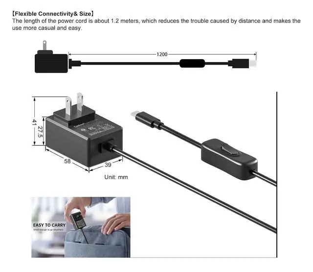 Alt view image 6 of 6 - for Raspberry Pi 5 Power Supply 27W USB-C PD Power Supply Output 5.1V/5A, 9V/3A, 12V/2.25A, 15V/1.8A GaN PD 5A 27W with ON/Off Switch ETL Listed