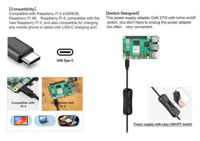 Alt view image 5 of 6 - for Raspberry Pi 5 Power Supply 27W USB-C PD Power Supply Output 5.1V/5A, 9V/3A, 12V/2.25A, 15V/1.8A GaN PD 5A 27W with ON/Off Switch ETL Listed