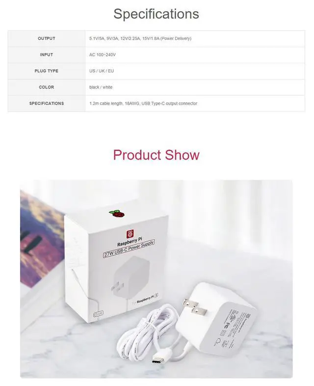 Alt view image 6 of 7 - Official 27W USB Type-C Power Supply for Raspberry Pi 5 Output 5.1V/5A, 9V/3A, 12V/2.25A, 15V/1.8A 1.2m Cable Length