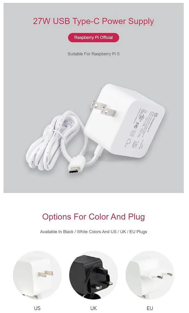 Alt view image 5 of 7 - Official 27W USB Type-C Power Supply for Raspberry Pi 5 Output 5.1V/5A, 9V/3A, 12V/2.25A, 15V/1.8A 1.2m Cable Length
