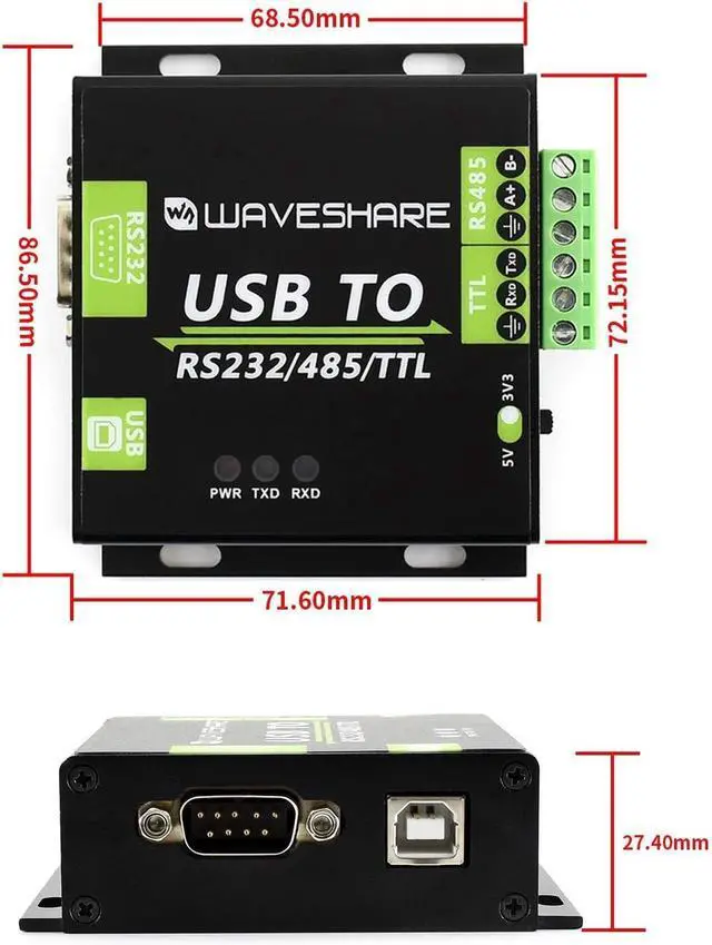 Alt view image 6 of 7 - waveshare USB to RS232 / RS485 / TTL (UART) Industrial Isolated Converter with Original FT232RL Inside Aluminium Alloy Enclosure Power/ADI Magnetical Isolation,TVS Diode