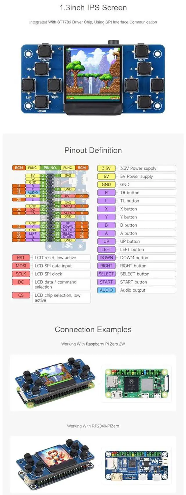 Alt view image 5 of 7 - GamePi13 Game Console for Raspberry Pi Onboard 1.3inch LCD 240x240 Resolution, ST7789 Driver Chip, SPI Communication, 12 Customizable Buttons, 3D Visual Effect, IPS Display for Retro Gaming