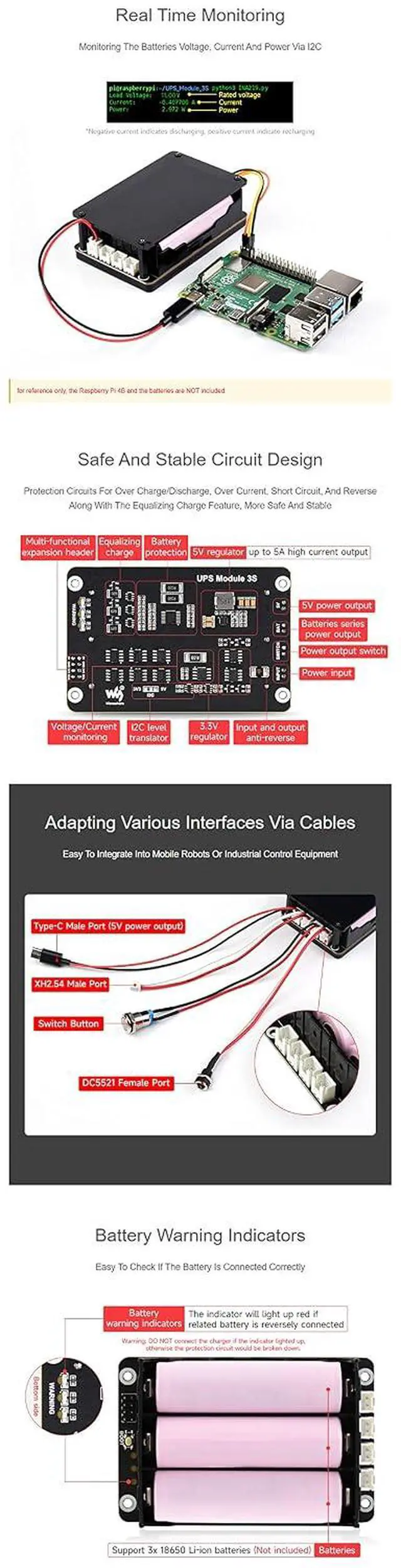 Alt view image 5 of 7 - Uninterruptible Power Supply UPS Module for for Raspberry Pi 4B+ 4B 3B+ 3B 2B+ Zero W WH Jetson Nano Supports Charging and Power Output at The Same Time 3S & 5V 5A Output