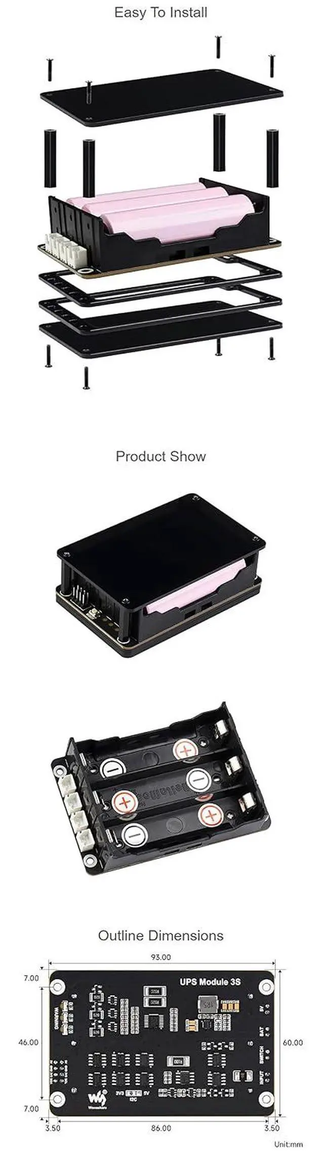 Alt view image 7 of 7 - Uninterruptible Power Supply UPS Module for for Raspberry Pi 4B+ 4B 3B+ 3B 2B+ Zero W WH Jetson Nano Supports Charging and Power Output at The Same Time 3S & 5V 5A Output