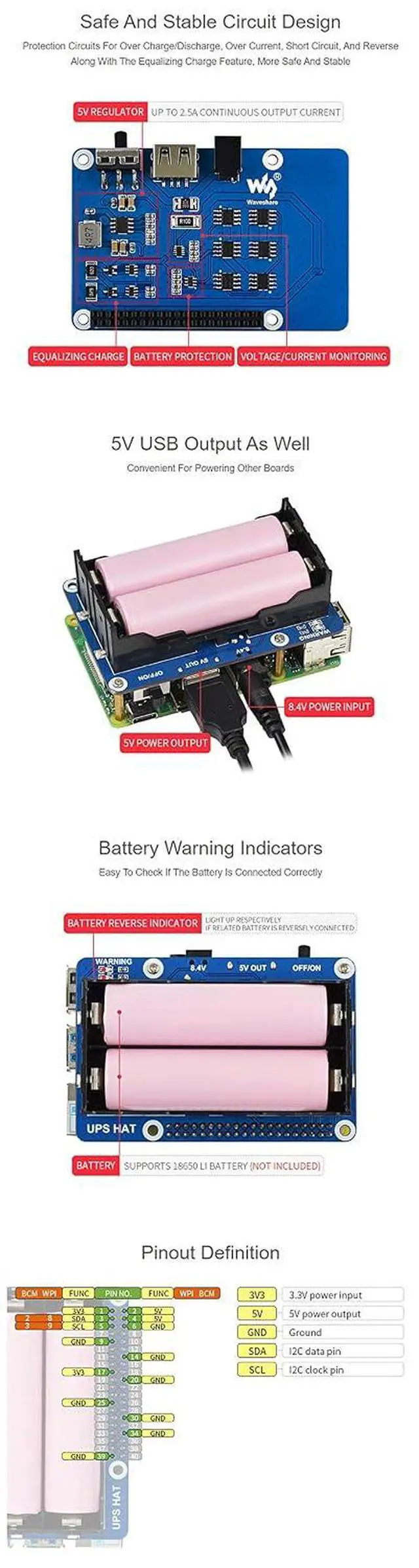Alt view image 6 of 7 - UPS HAT for Raspberry Pi Series Boards Support 5V Uninterruptible Power Supply Charge and Power Output at The Same Time Real Time Monitoring