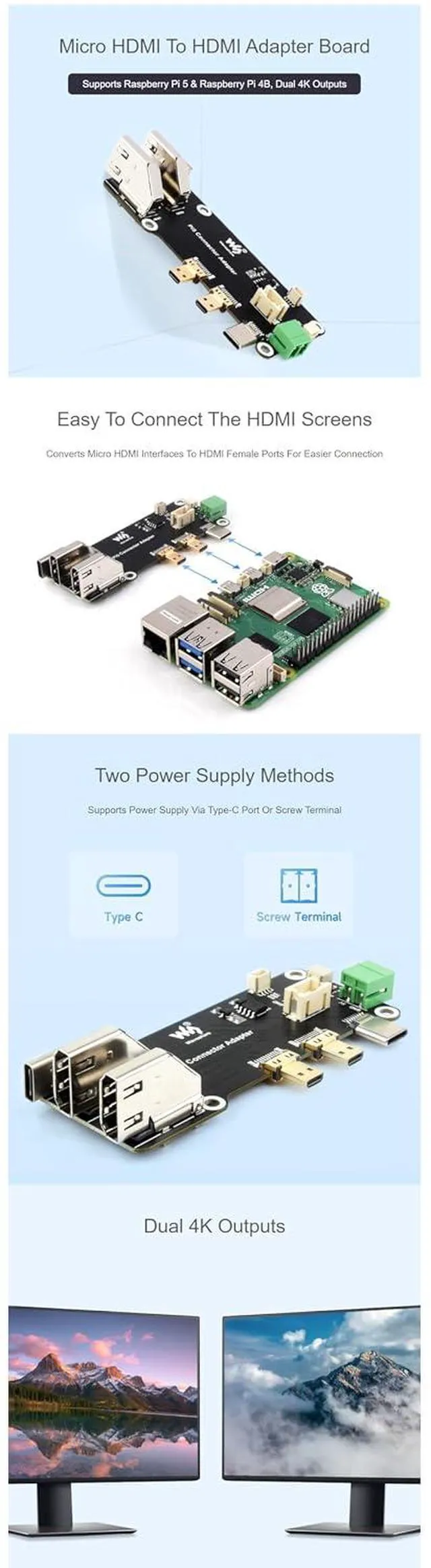 Alt view image 6 of 7 - Micro HDMI to HDMI Adapter Board for Raspberry Pi 5 / 4B, Two Power Supply Methods Supports Dual 4K Outputs Easy to Connect The HDMI Screens