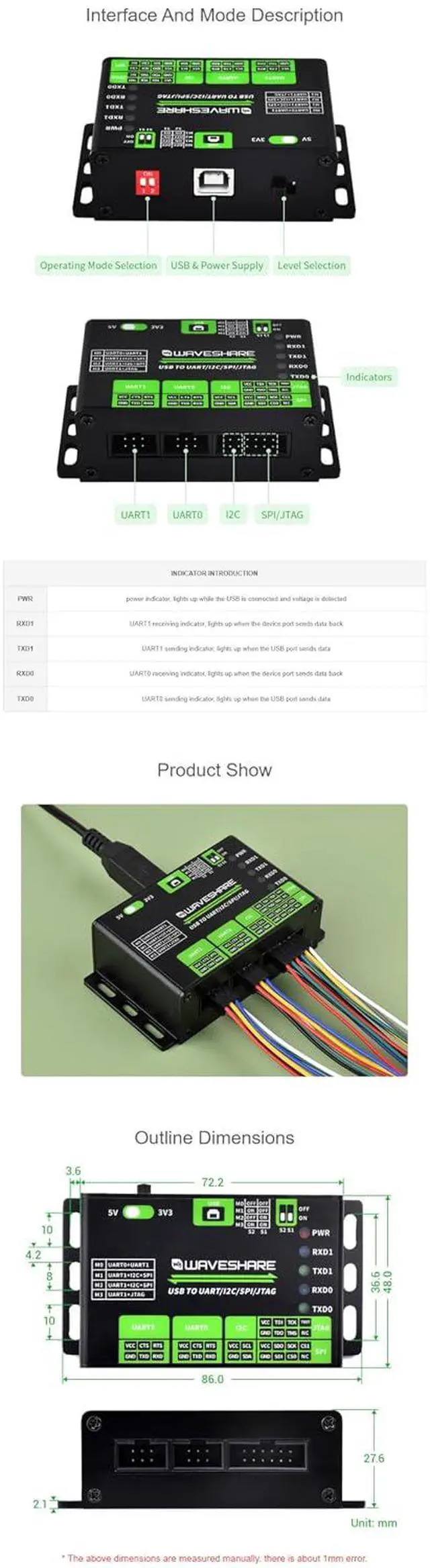 Alt view image 4 of 7 - USB to UART I2C SPI JTAG Converter, 2-CH UART up to 9Mbps, 3.3V/5V Level Switch, ESD & Resettable Fuse Protection, Aluminum Alloy Case, Windows/Linux Support, Rail/Wall Mount