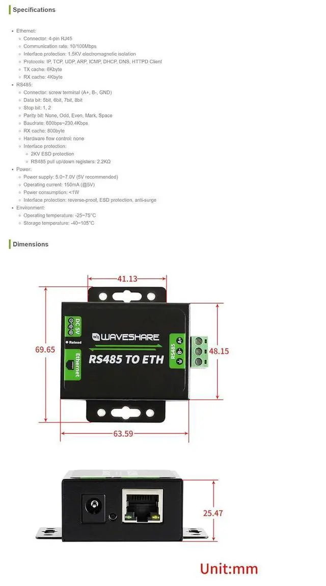 Alt view image 7 of 7 - Waveshare RS485 to Ethernet Converter Industrial RS485 to RJ45 Converter High Speed Low Power Upgradable