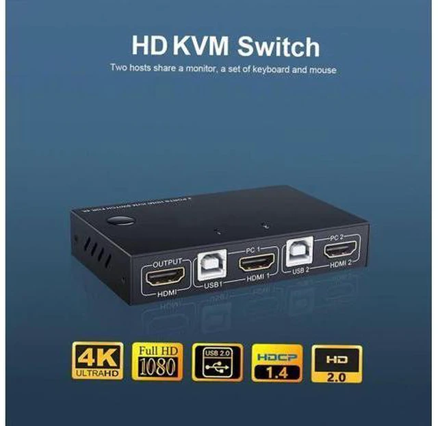 Alt view image 2 of 6 - AM-KM201 HDMI KVM Switcher 4K 2 in 1 out KVM Switcher Keyboard Mouse USB Shared