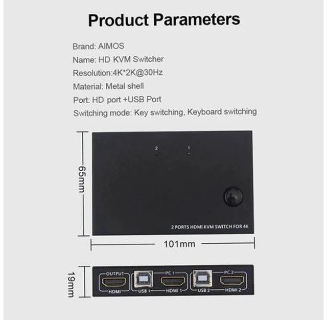 Alt view image 4 of 6 - AM-KM201 HDMI KVM Switcher 4K 2 in 1 out KVM Switcher Keyboard Mouse USB Shared