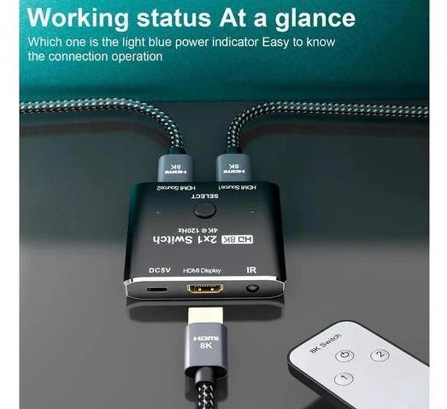 Alt view image 7 of 7 - 8K@60Hz HDMI 2X1 Switch with Remote Controll Selector 2 Source 1 Display HDMI 2.