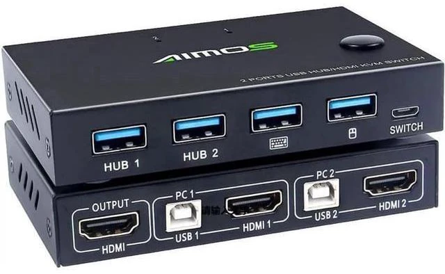 Main image of Switch HDMI 2 Port Box, AIMOS USB and HDMI Switches 4 USB Hub, UHD 4K @30Hz, for