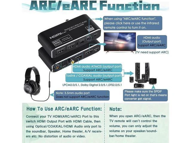 Alt view image 4 of 7 - 4K@60Hz eARC HDMI Audio Extractor, 2x1 HDMI Switch to HDMI + Optical Toslink SPD