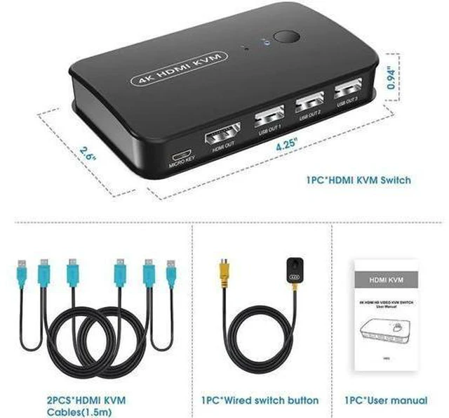 Alt view image 6 of 7 - Switch HDMI 2 Port Box, USB and HDMI Switch for 2 Computers Share Keyboard Mouse