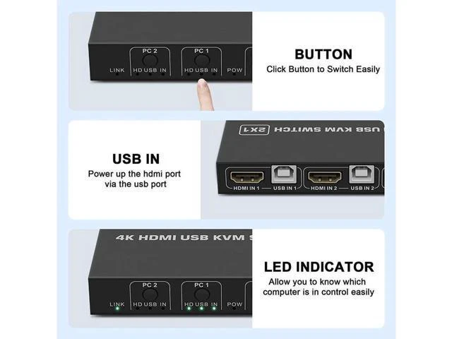 Alt view image 2 of 7 - Switch HDMI 2 Port, USB and HDMI Switch for 2 Computers Share Keyboard Mouse Pri