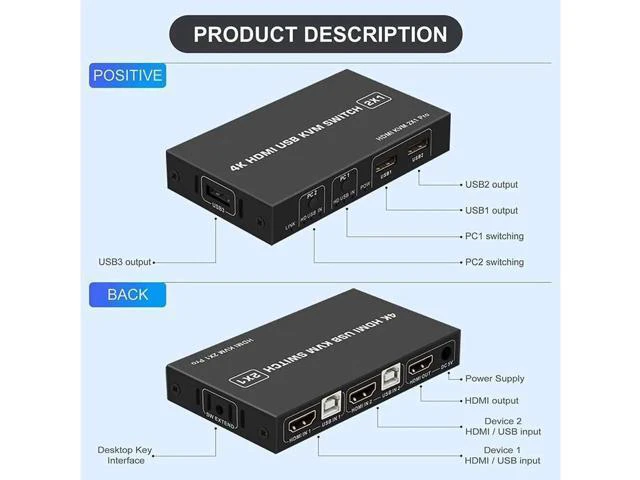 Alt view image 5 of 7 - Switch HDMI 2 Port, USB and HDMI Switch for 2 Computers Share Keyboard Mouse Pri