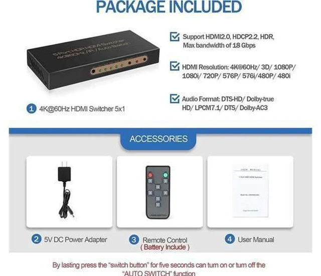 Alt view image 3 of 7 - 4K @60HZ HDMI Switch 5x1, HDMI 2.0 Switch 5 in 1 Out, 4K HDMI Switch with Remote