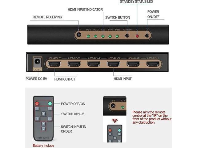 Alt view image 4 of 7 - 4K @60HZ HDMI Switch 5x1, HDMI 2.0 Switch 5 in 1 Out, 4K HDMI Switch with Remote