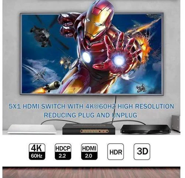 Alt view image 5 of 7 - 4K @60HZ HDMI Switch 5x1, HDMI 2.0 Switch 5 in 1 Out, 4K HDMI Switch with Remote