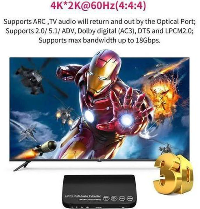 Alt view image 2 of 7 - 2.0 Audio Extrator 4K 60Hz HDMI Audio Splitter HDR 5.1CH HDMI ARC Converter UHD/