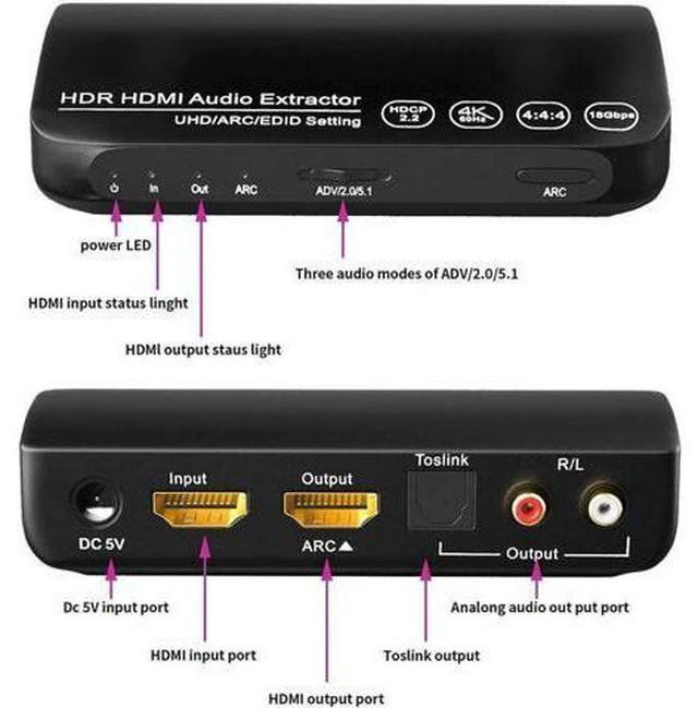 Alt view image 4 of 7 - 2.0 Audio Extrator 4K 60Hz HDMI Audio Splitter HDR 5.1CH HDMI ARC Converter UHD/