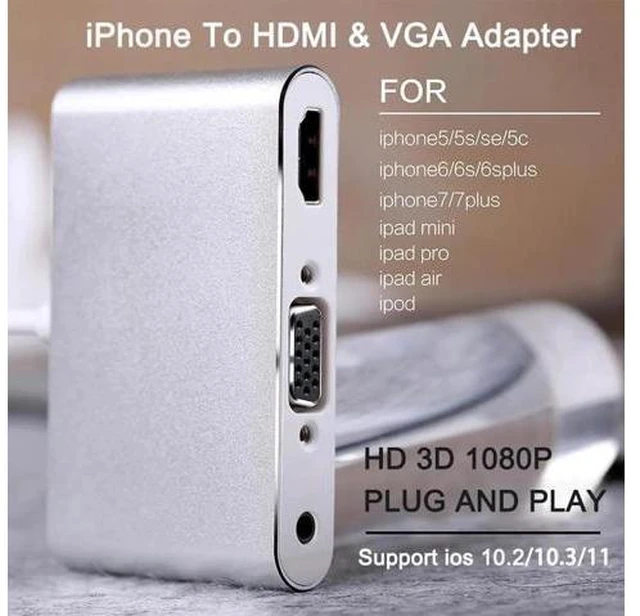 Alt view image 6 of 6 - HDMI To VGA Adapter For iPhone To HDMI VGA Audio TV AV Converter Cable 1080P Wit