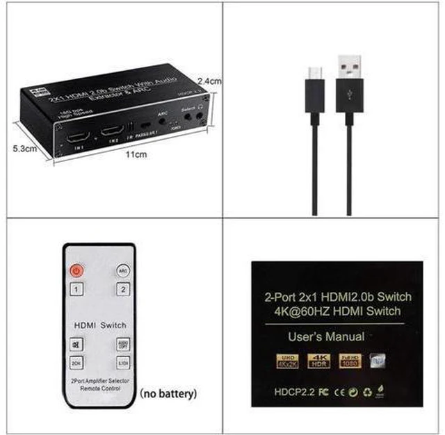 Alt view image 6 of 6 - 2 port HDMI Switch Audio Extractor with R/L+Toslink SPDIF+COAXIAL Audio Out Adap