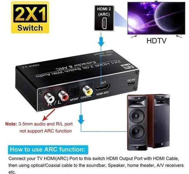 Alt view image 4 of 6 - 2 port HDMI Switch Audio Extractor with R/L+Toslink SPDIF+COAXIAL Audio Out Adap