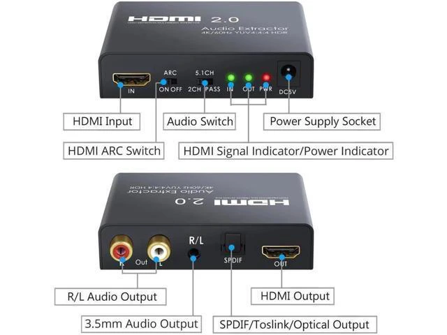 Alt view image 3 of 7 - Audio Extractor HDMI 2.0 to Optical TOSLINK SPDIF RCA L/R 3.5mm Headphone HDMI 2