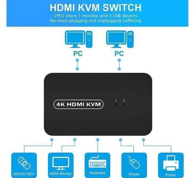 Alt view image 2 of 7 - 2 Port HDMI USB KVM Switch Selector for 2 Computers Share Keyboard Mouse Printer